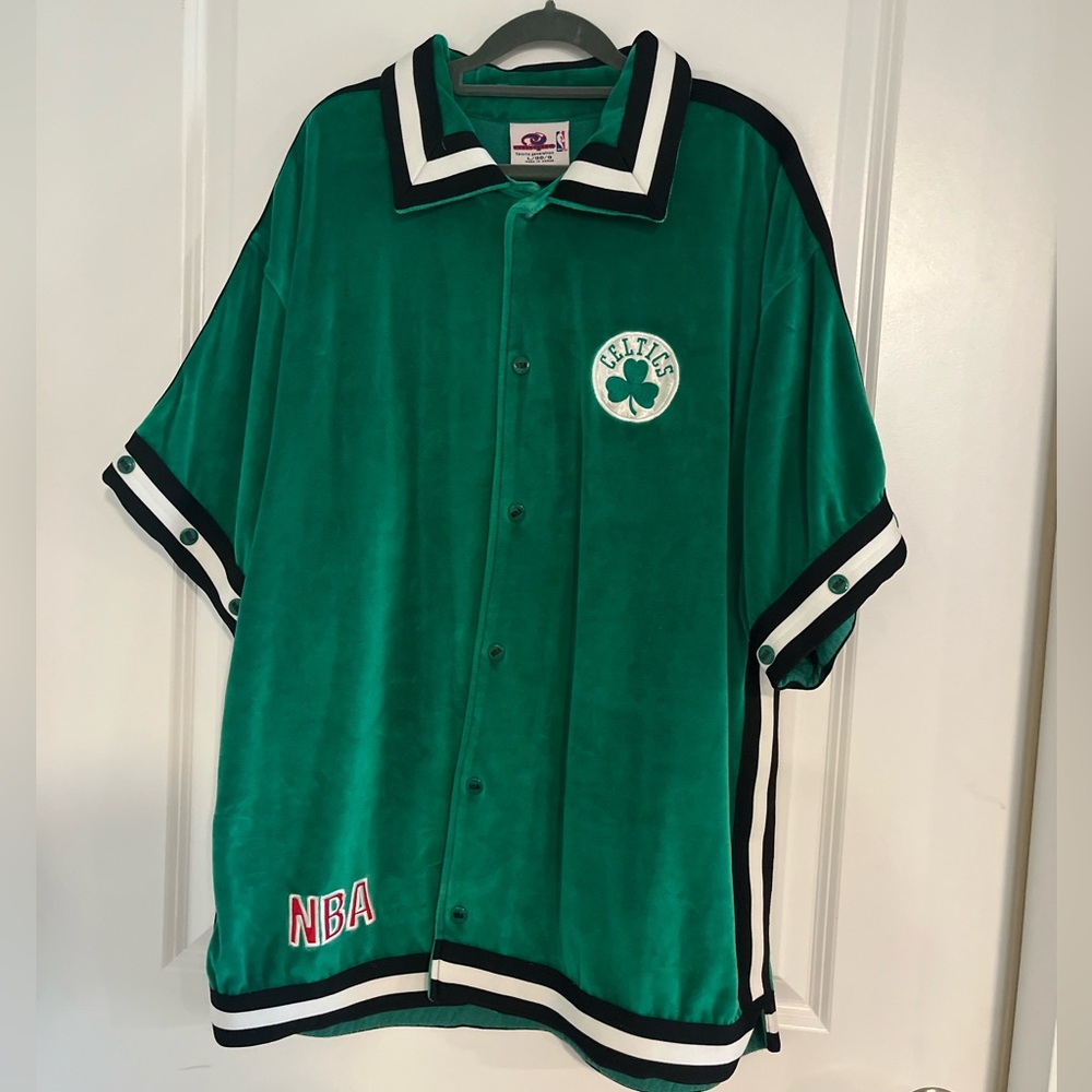 vintage velour button up boston celtics warm up baseball jersey